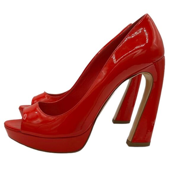 MIU MIU RED PUMPS PATENT LEATHER PEEP TOE BLOCK HIGH HEEL SHOES WOMEN EU 38.5 - Picture 10 of 10